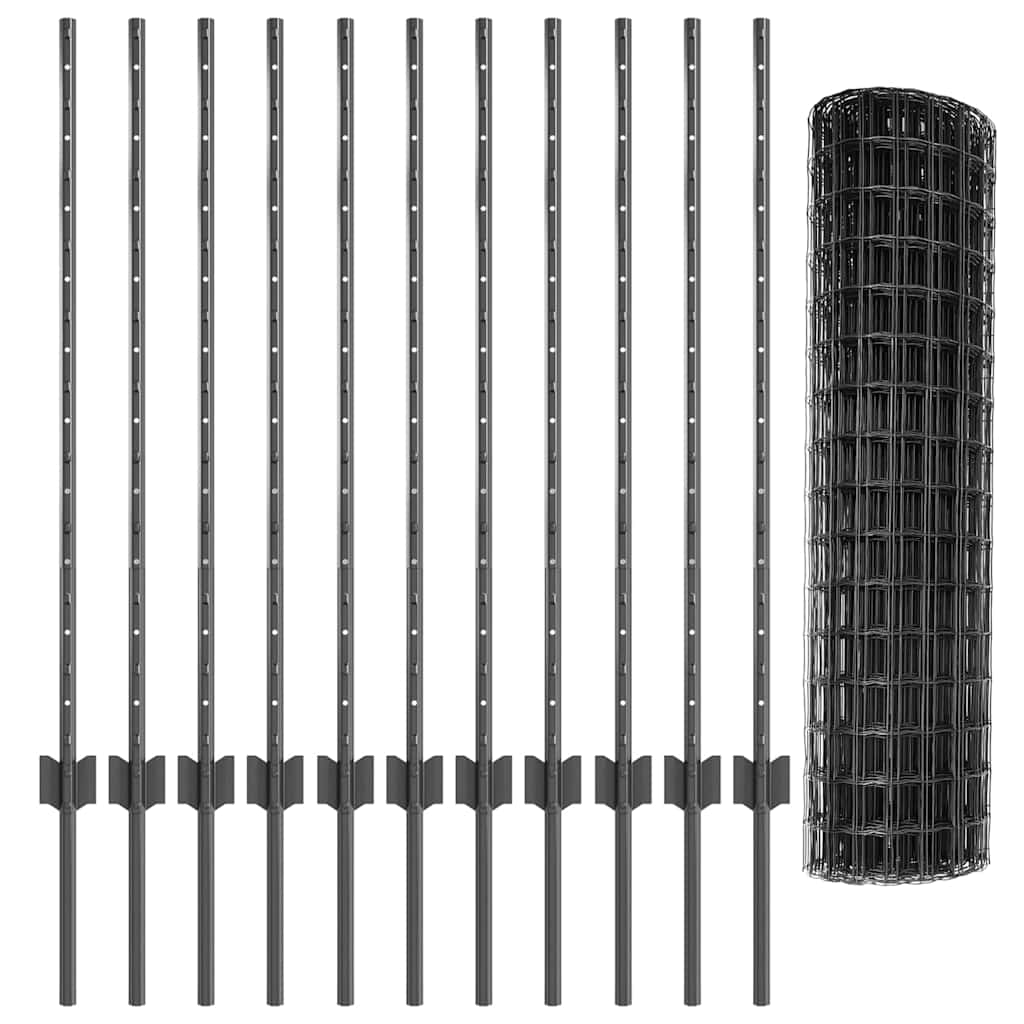 Fence with Posts Grey 1 x 25 m Steel