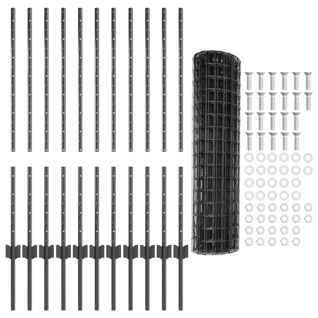 Fence with Posts Grey 1 x 25 m Steel