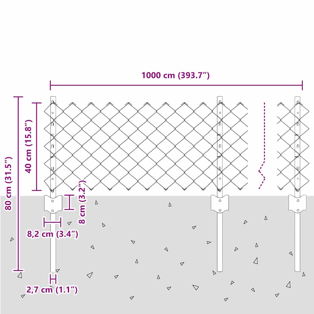Fence with Posts Silver 0.4 x 10 m Steel