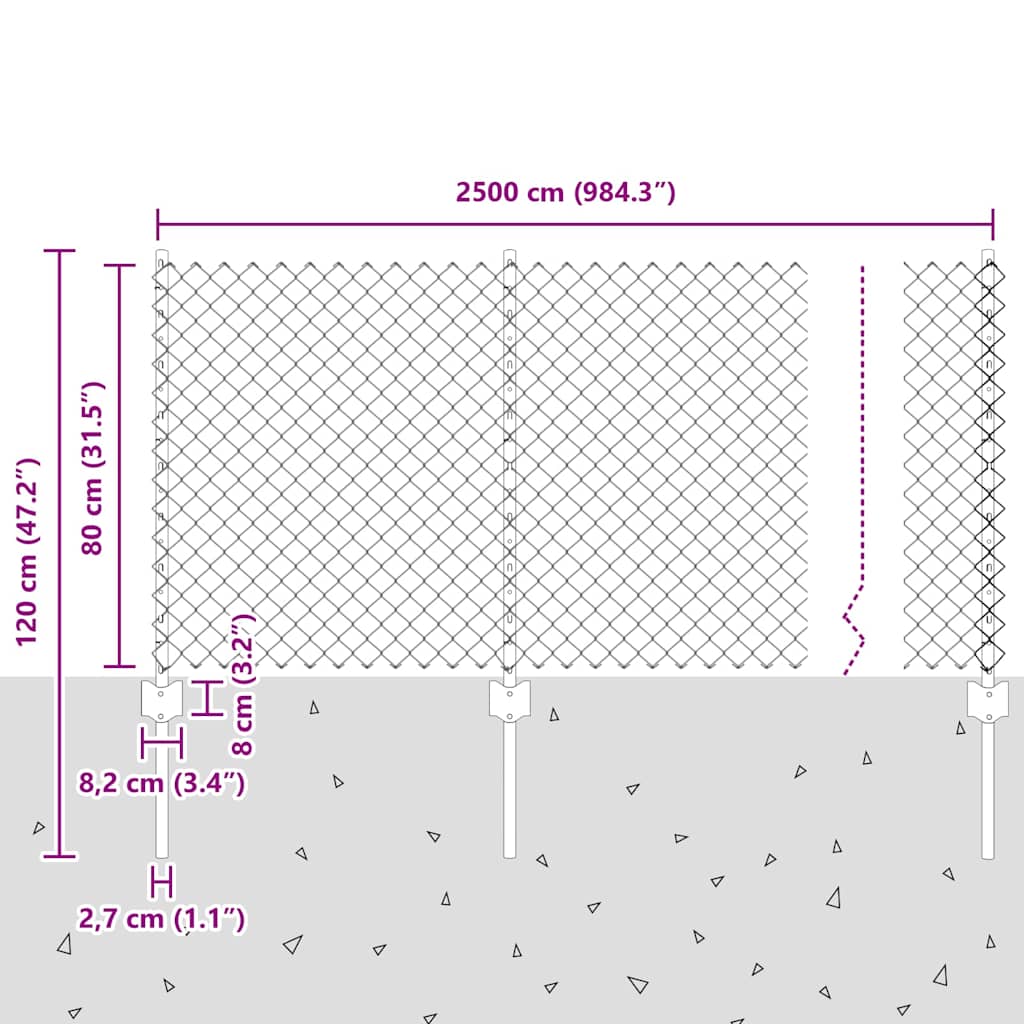 Fence with Posts Silver 0.8 x 25 m Steel