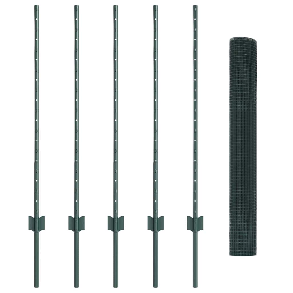 Fence with Posts Green 1 x 10 m Steel