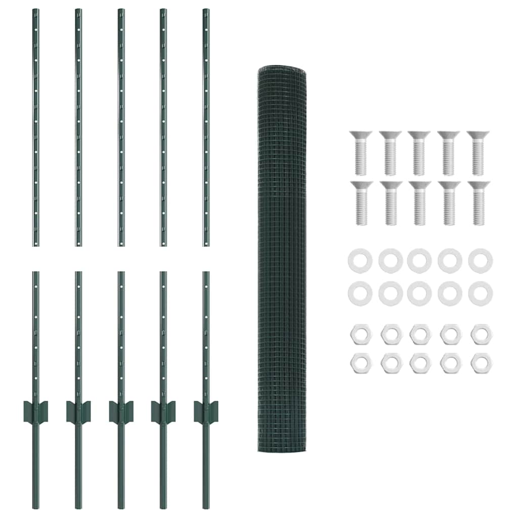 Fence with Posts Green 1 x 10 m Steel
