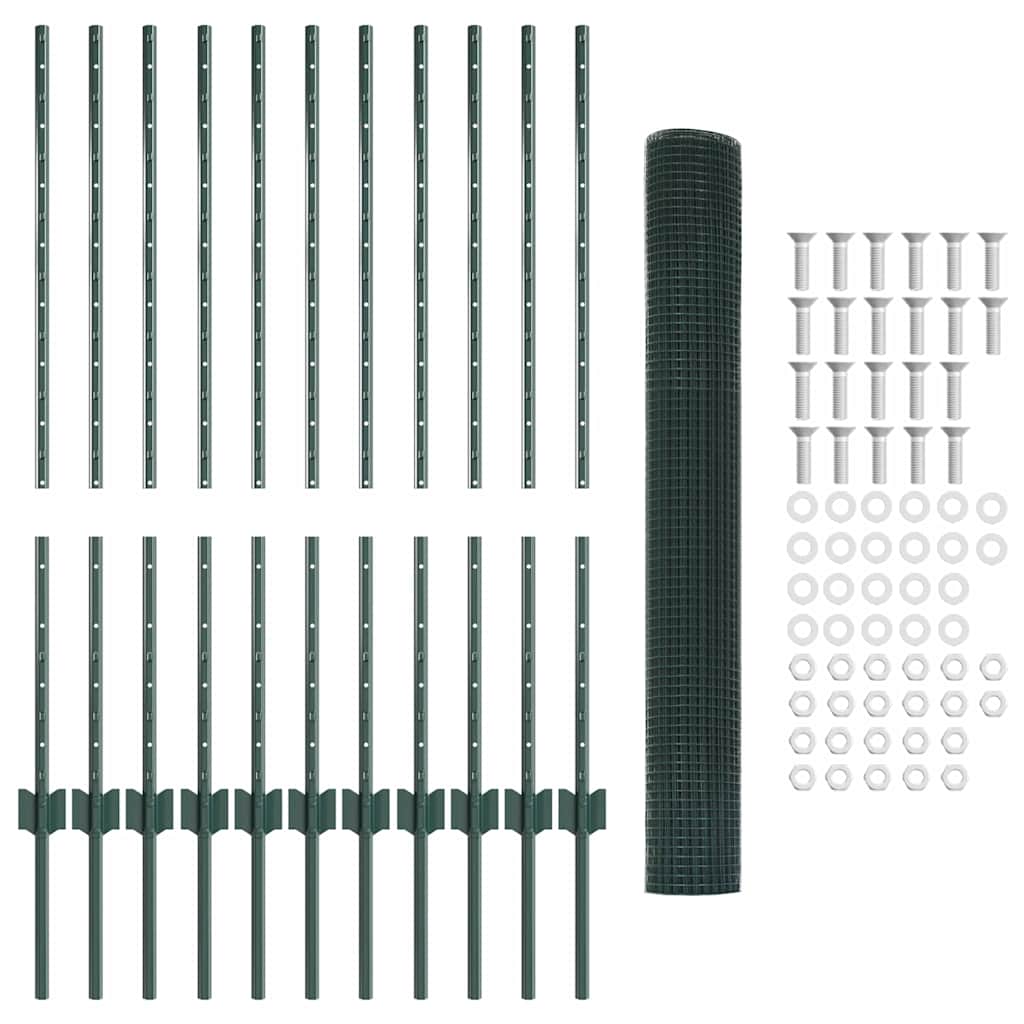 Fence with Posts Green 1 x 25 m Steel