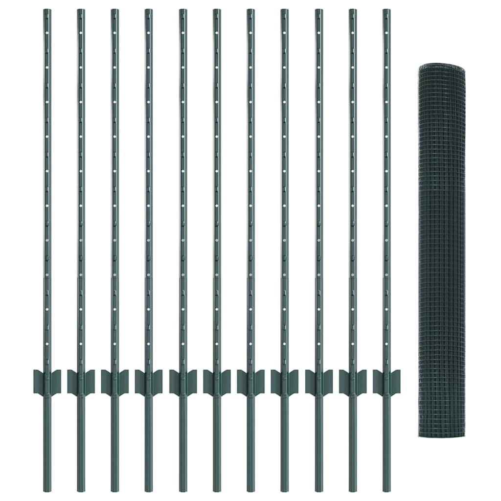 Fence with Posts Green 1 x 25 m Steel