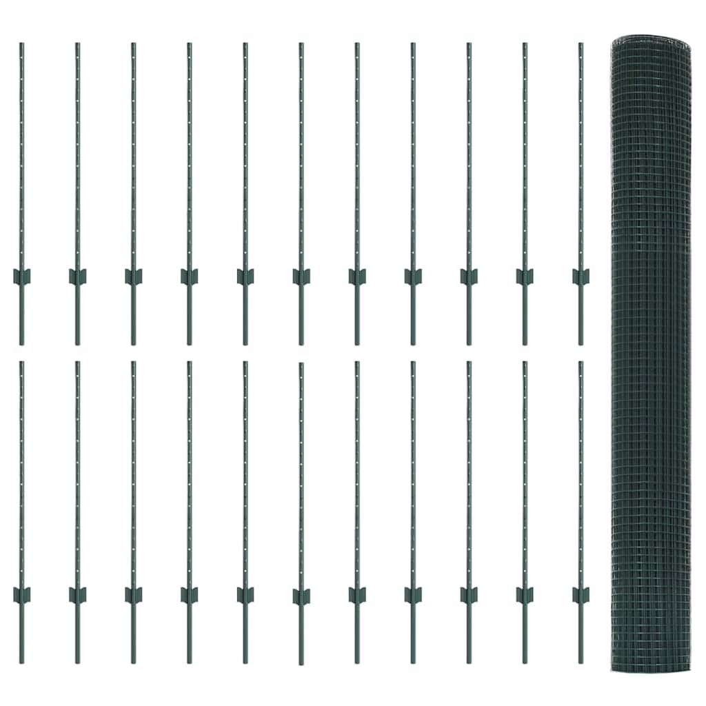 Fence with Posts Green 1 x 50 m Steel