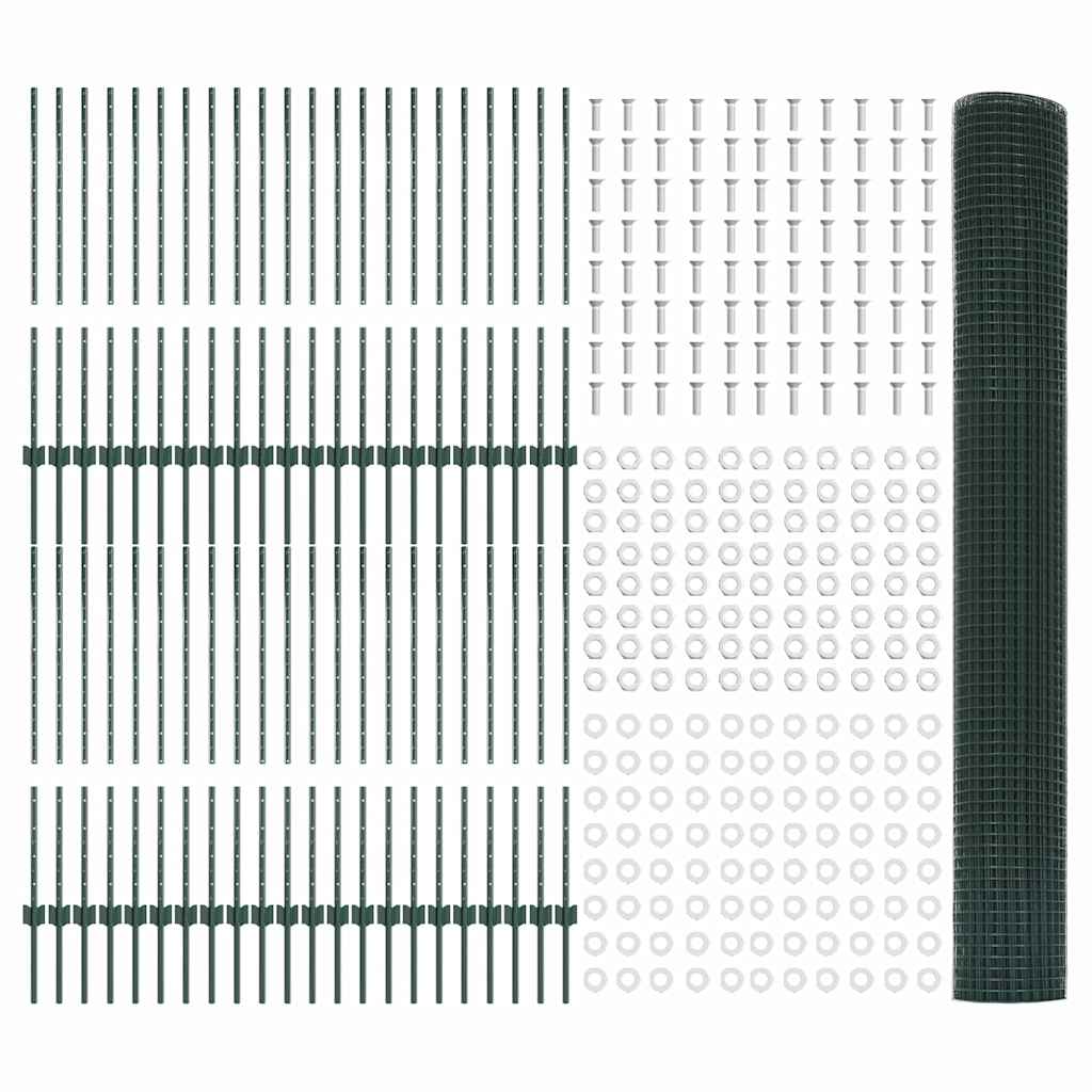 Fence with Posts Green 1 x 100 m Steel