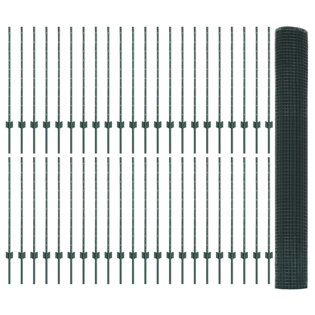 Fence with Posts Green 1 x 100 m Steel