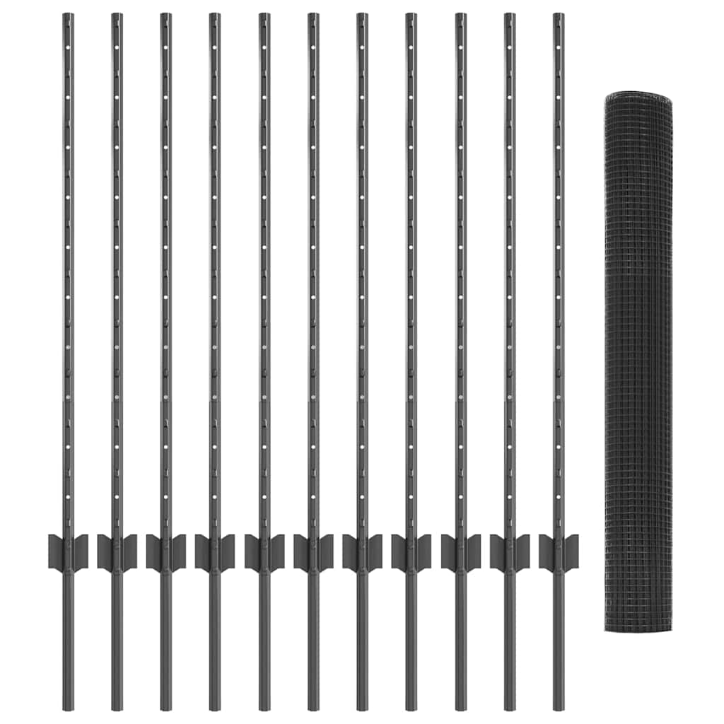 Fence with Posts Grey 1 x 25 m Steel