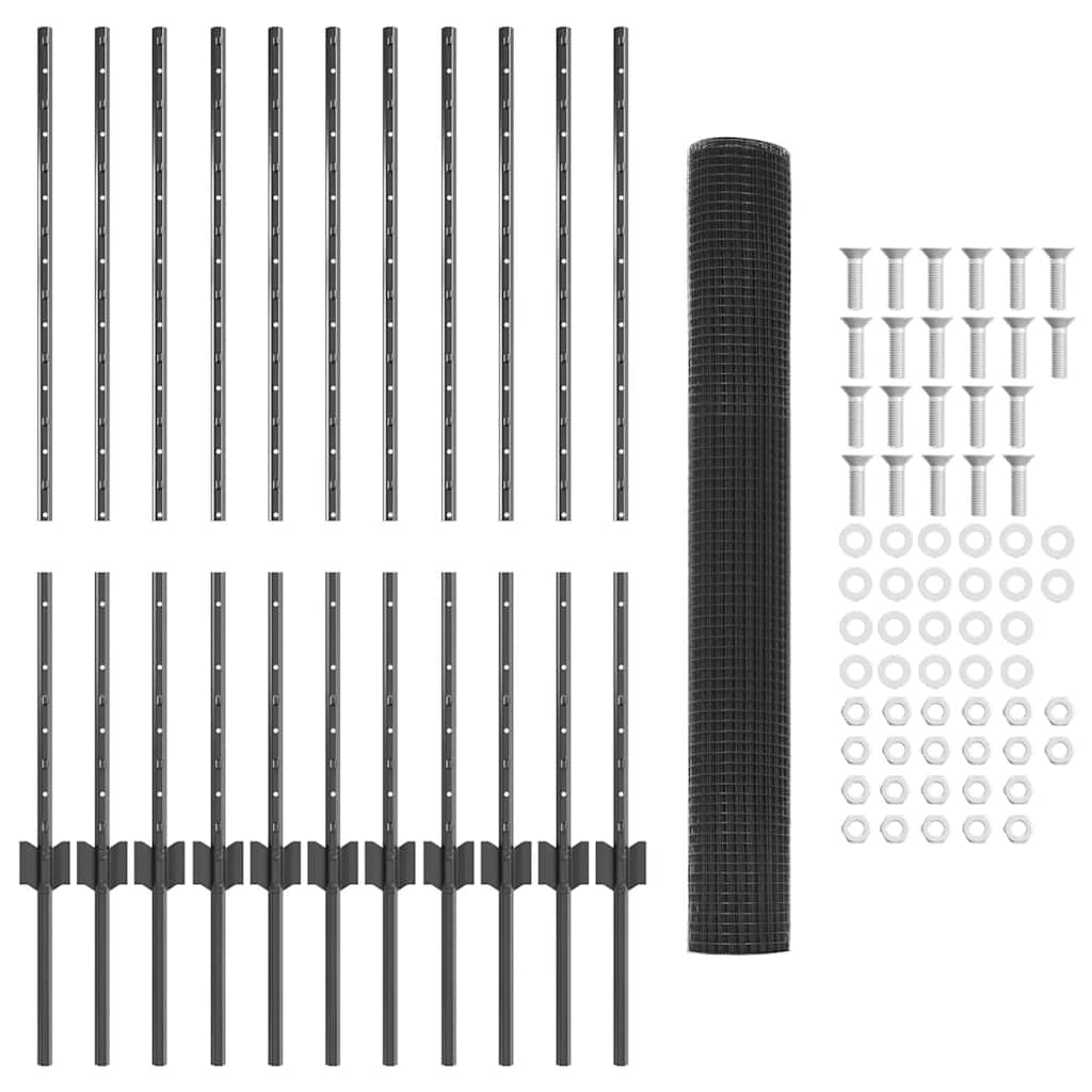 Fence with Posts Grey 1 x 25 m Steel