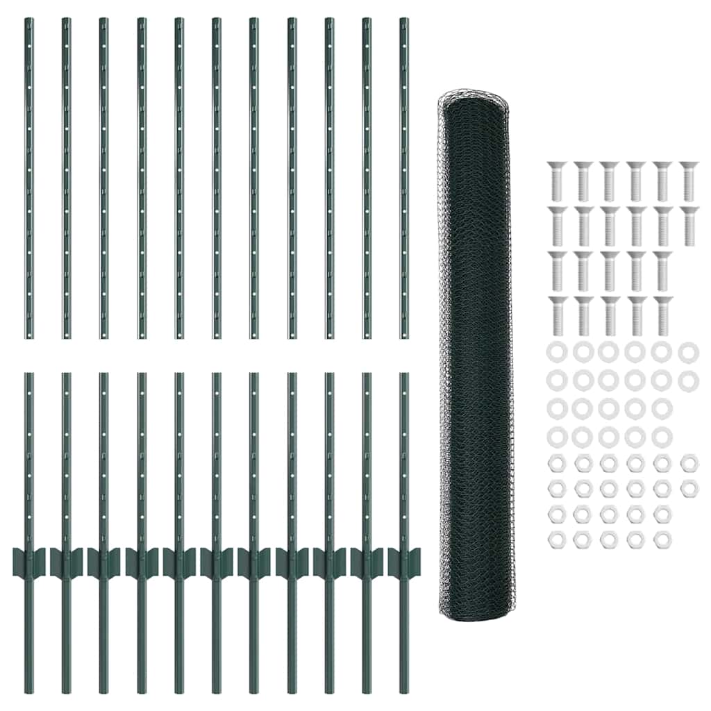 Fence with Posts Green 1 x 25 m Steel