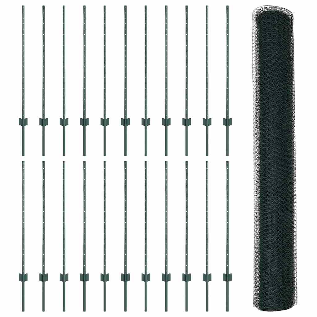 Fence with Posts Green 1 x 50 m Steel