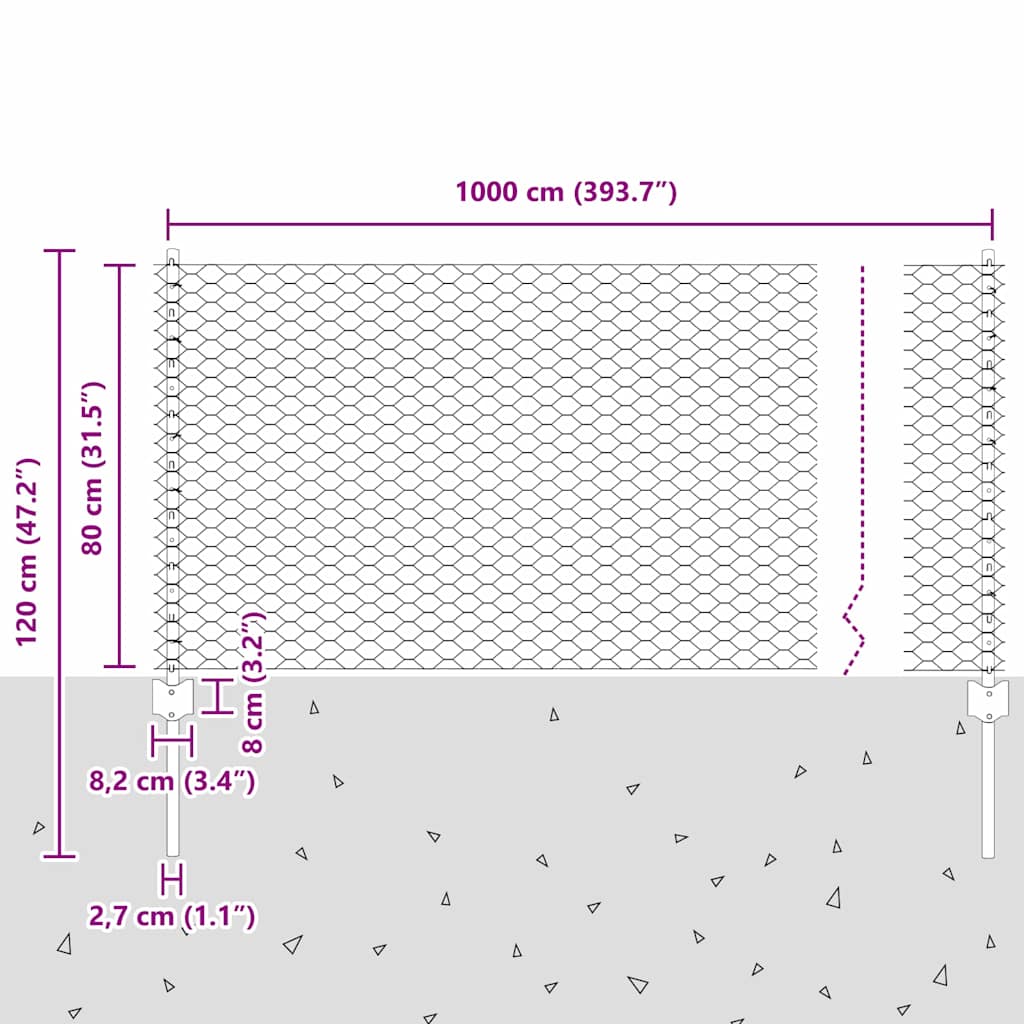 Fence with Posts Silver 0.8 x 10 m Steel