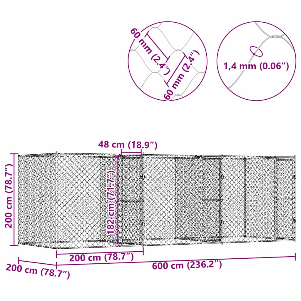 Dog Cage Silver 600 x 200 x 200 cm Galvanised Steel