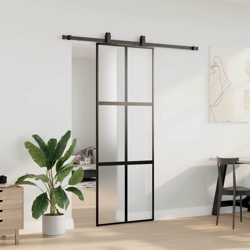 Sliding Door with Hardware Set Black 76x205 cm Tempered Glass