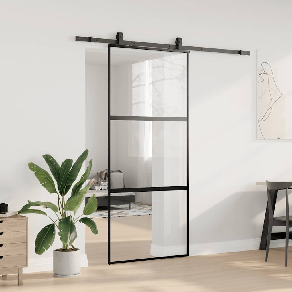 Sliding Door with Hardware Set Black 90x205 cm Tempered Glass