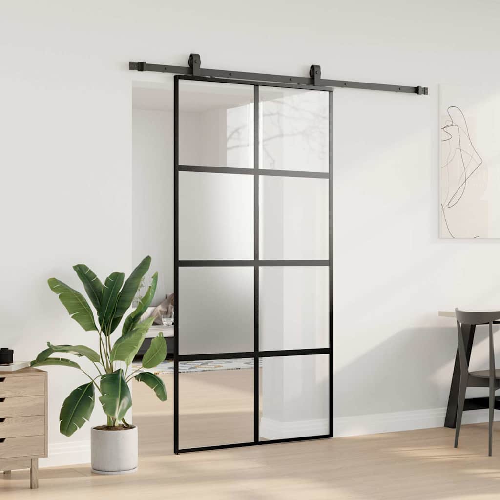 Sliding Door with Hardware Set Black 102.5x205 cm Tempered Glass