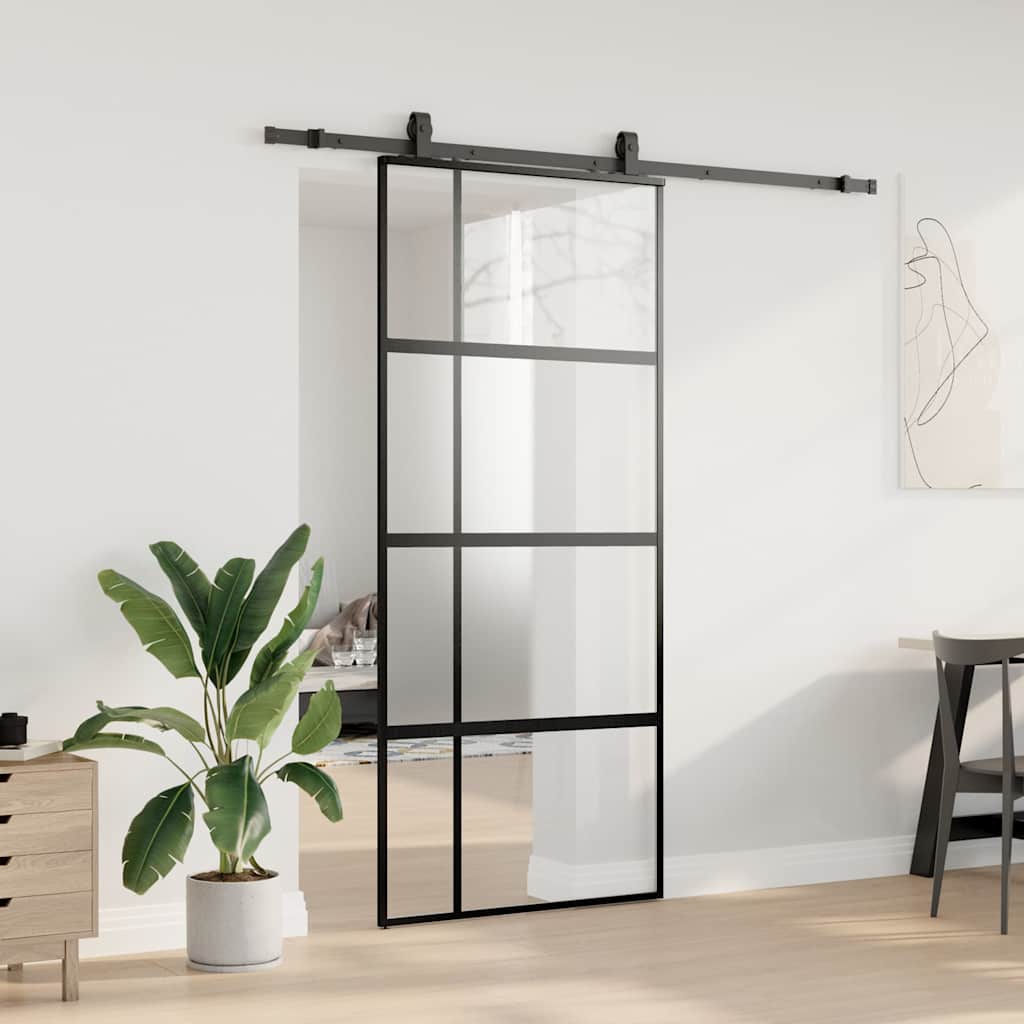 Sliding Door with Hardware Set Black 90x205 cm Tempered Glass