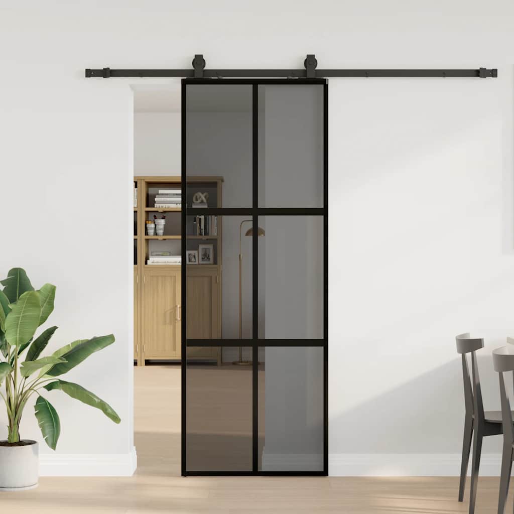 Sliding Door with Hardware Set Black 76x205 cm Tempered Glass