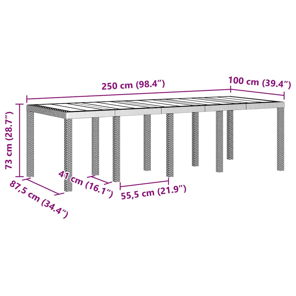 Garden Dining Table Light grey 250 x 100 x 73 cm Poly Rattan