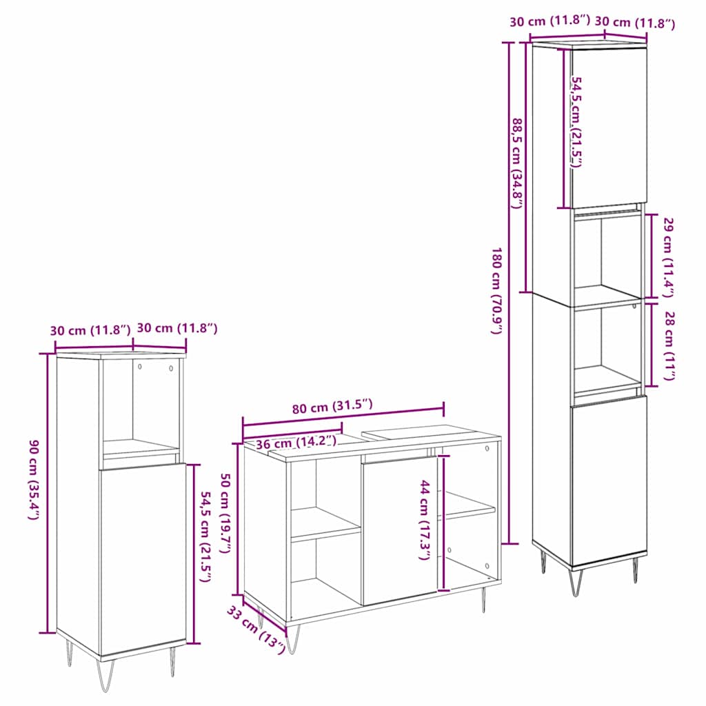 Bathroom Furniture Set 3 pcs Black Oak 30 x 30 x 180 cm