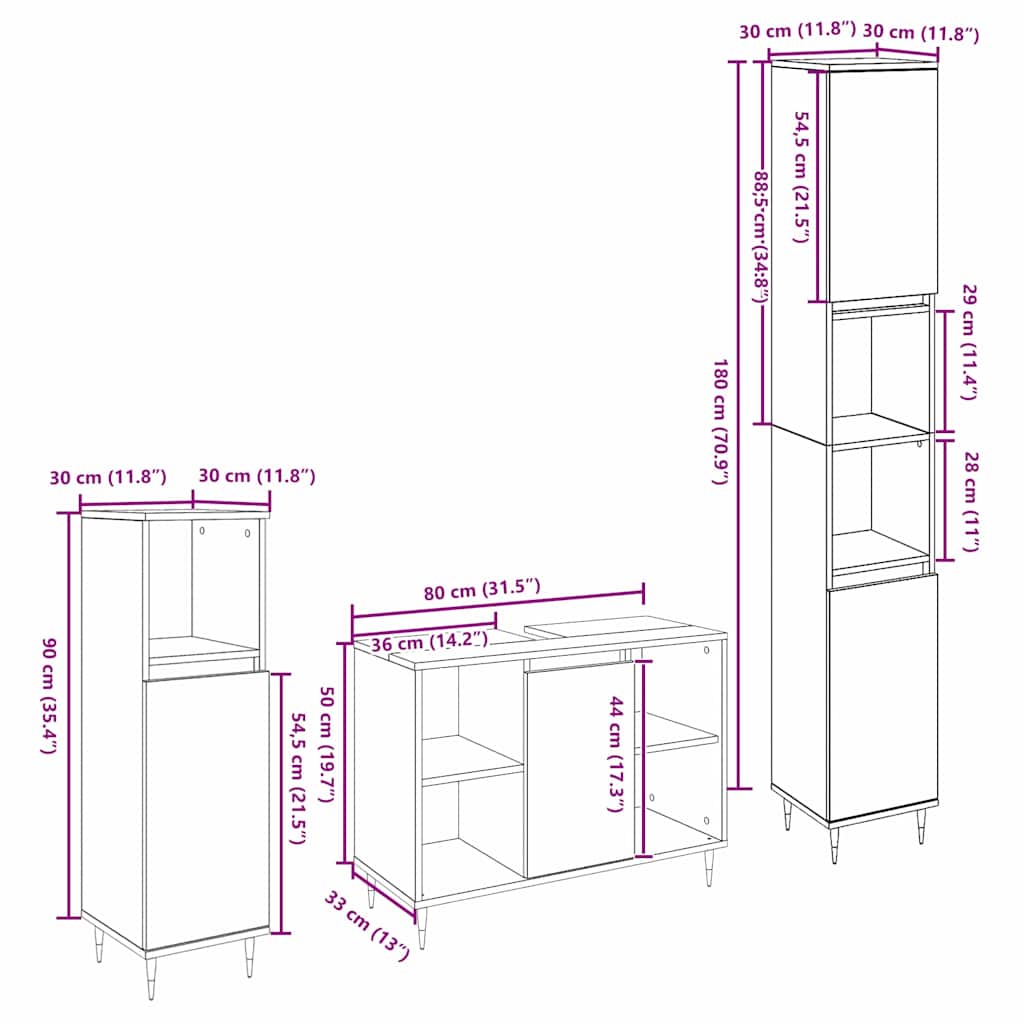 Bathroom Furniture Set 3 pcs Black Oak 30 x 30 x 180 cm