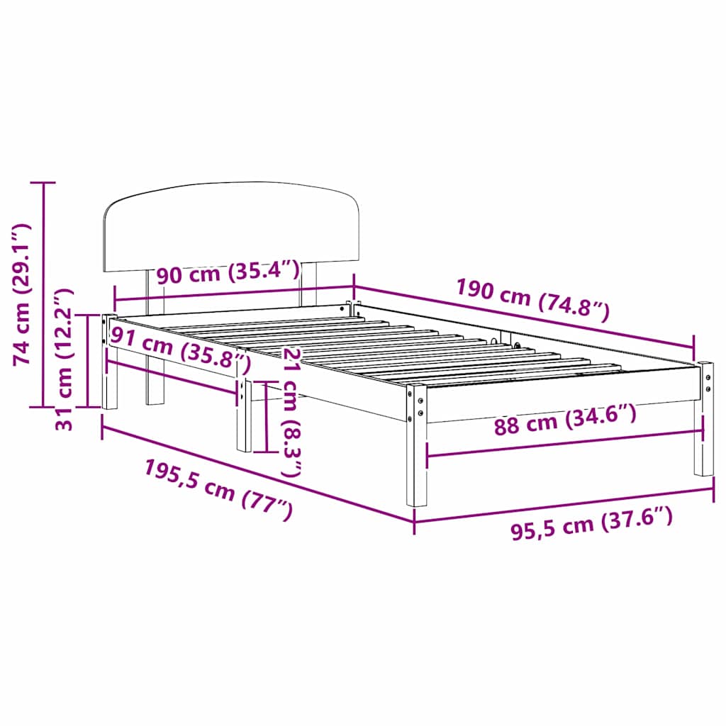 Bed Frame with Headboard White 90 x 190 cm Solid Pine wood