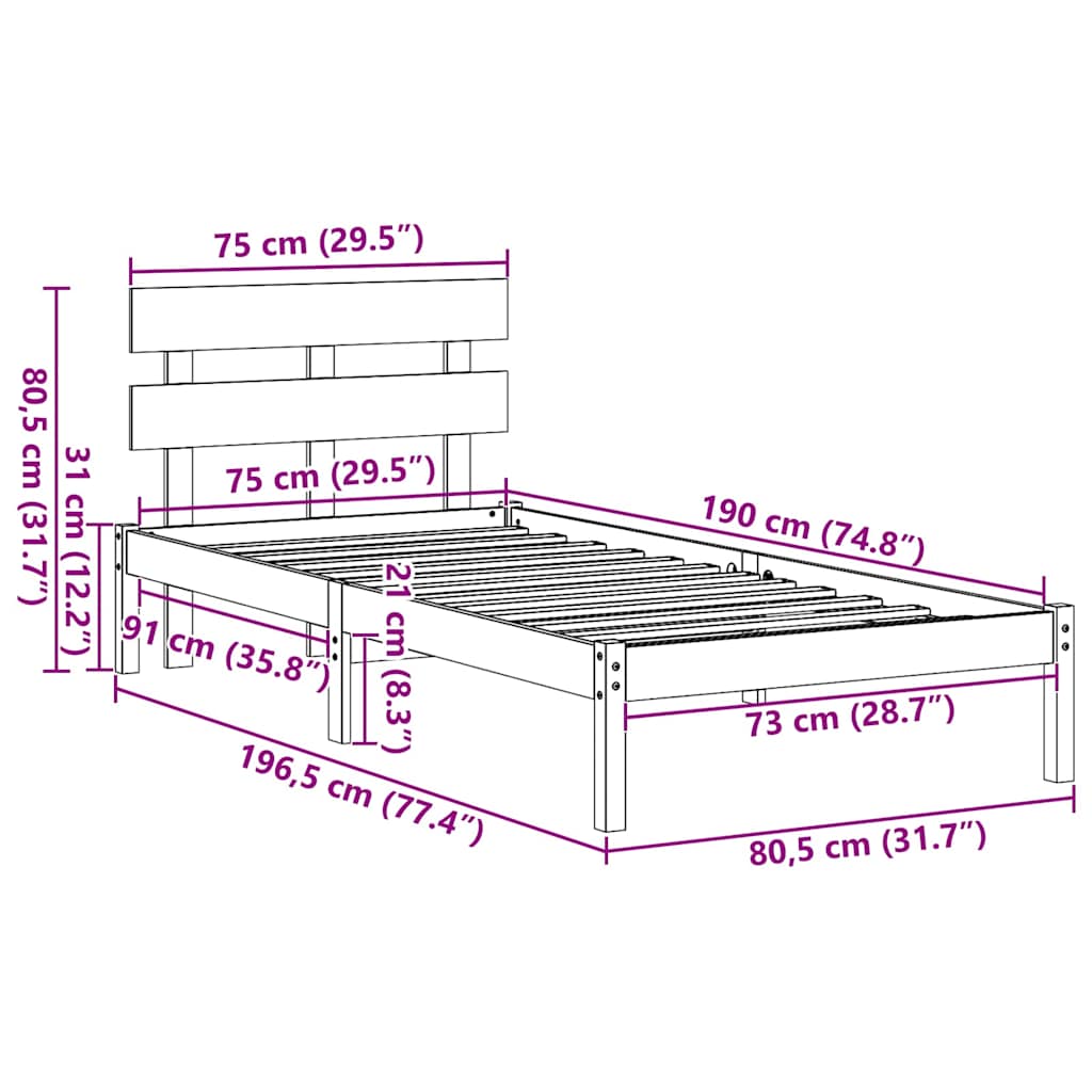Bed Frame with Headboard White 75 x 190 cm Solid Pine wood