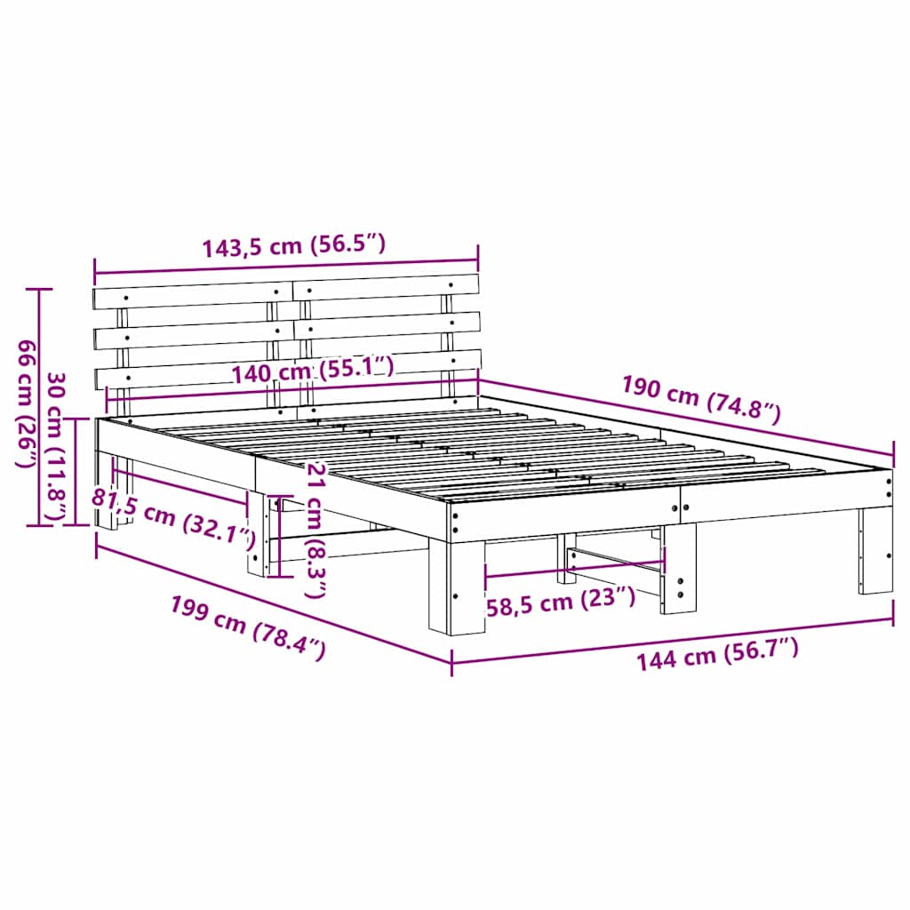 Bed Frame with Headboard Cream 140 x 190 cm Solid Pine wood