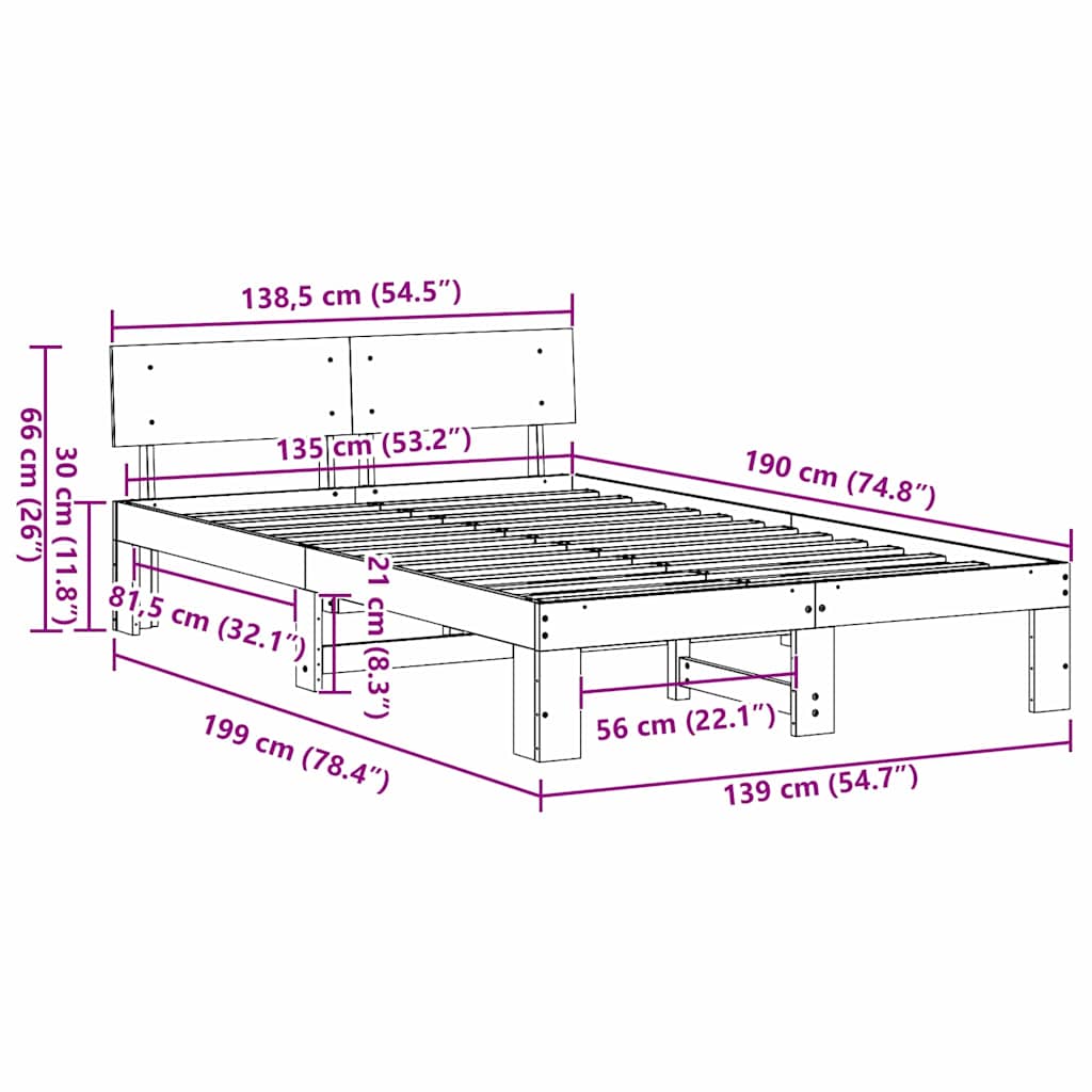 Bed Frame with Headboard Brown 135 x 190 cm Solid Pine wood