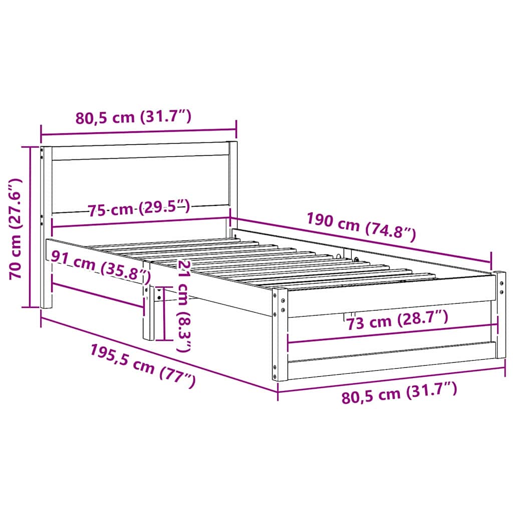 Bed Frame with Headboard Brown 75 x 190 cm Solid Pine wood