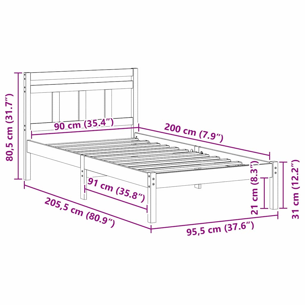 Bed Frame Brown 90 x 200 cm Solid Pine Wood