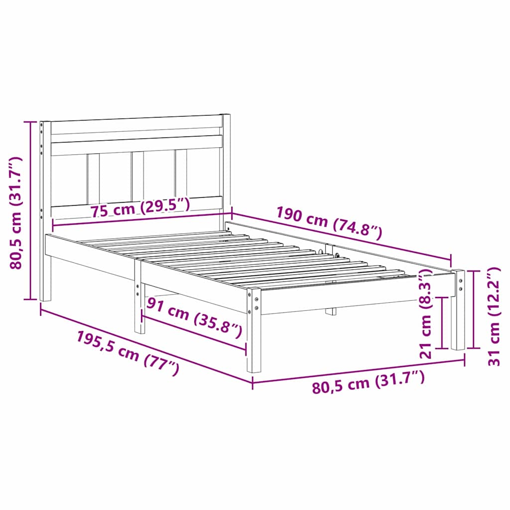 Bed Frame White 75 x 190 cm Solid Pine Wood
