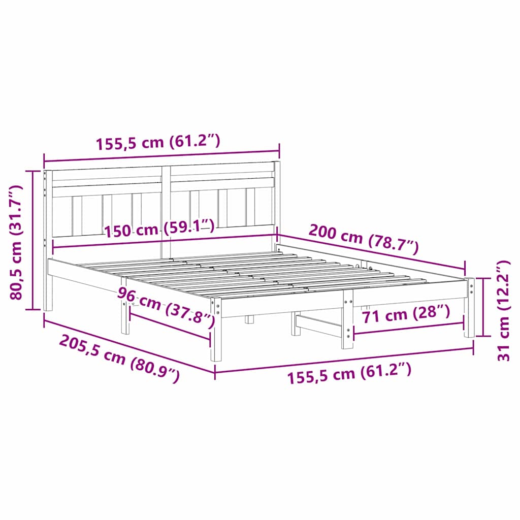 Bed Frame with Headboard White Pine wood