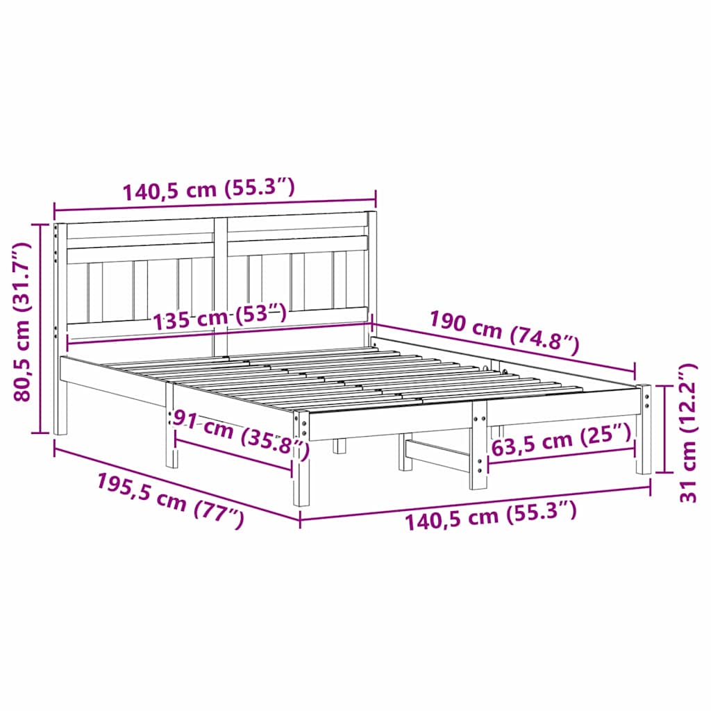 Bed Frame Brown 135 x 190 cm Solid Pine Wood