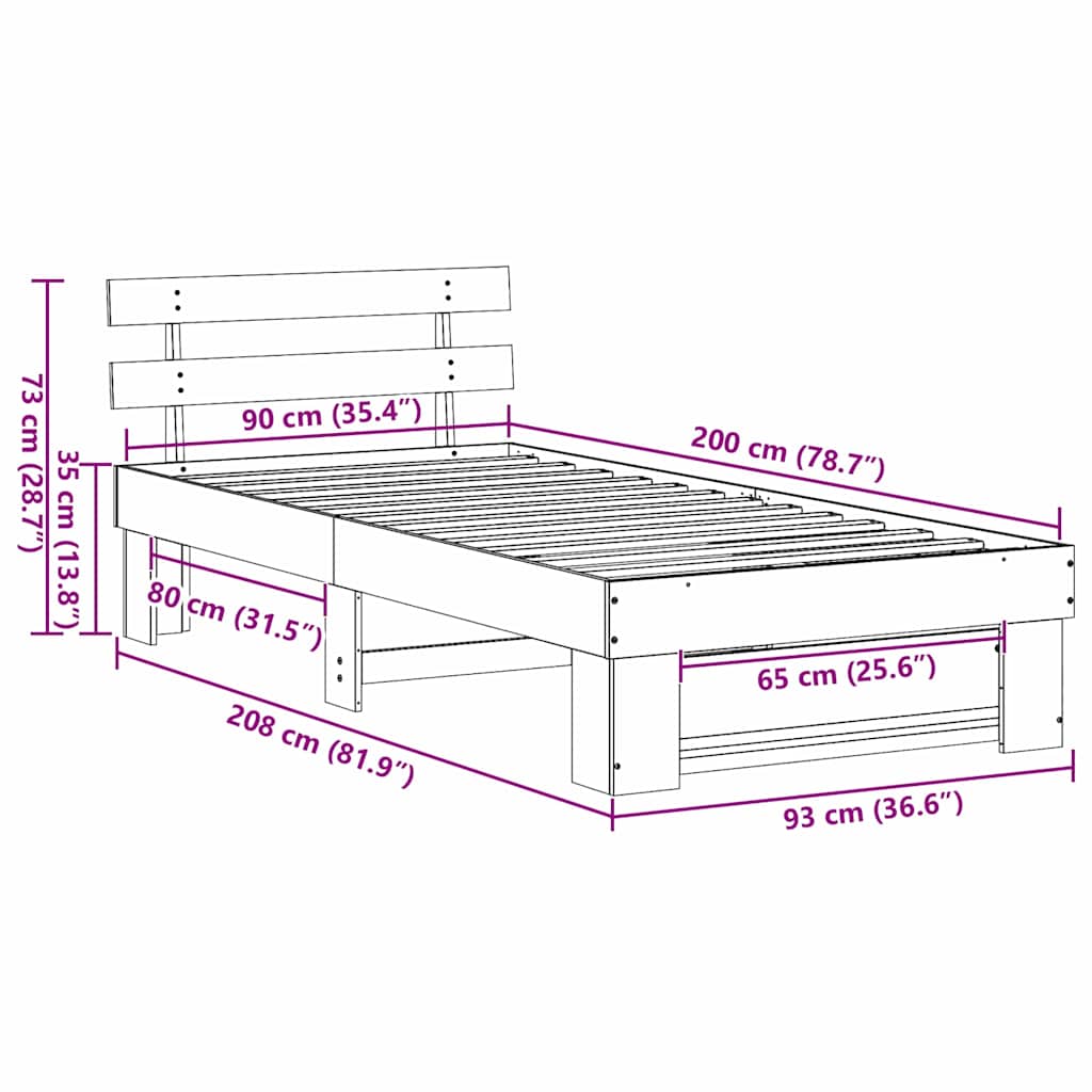 Bed Frame with Headboard Brown 90 x 200 cm Solid pine wood