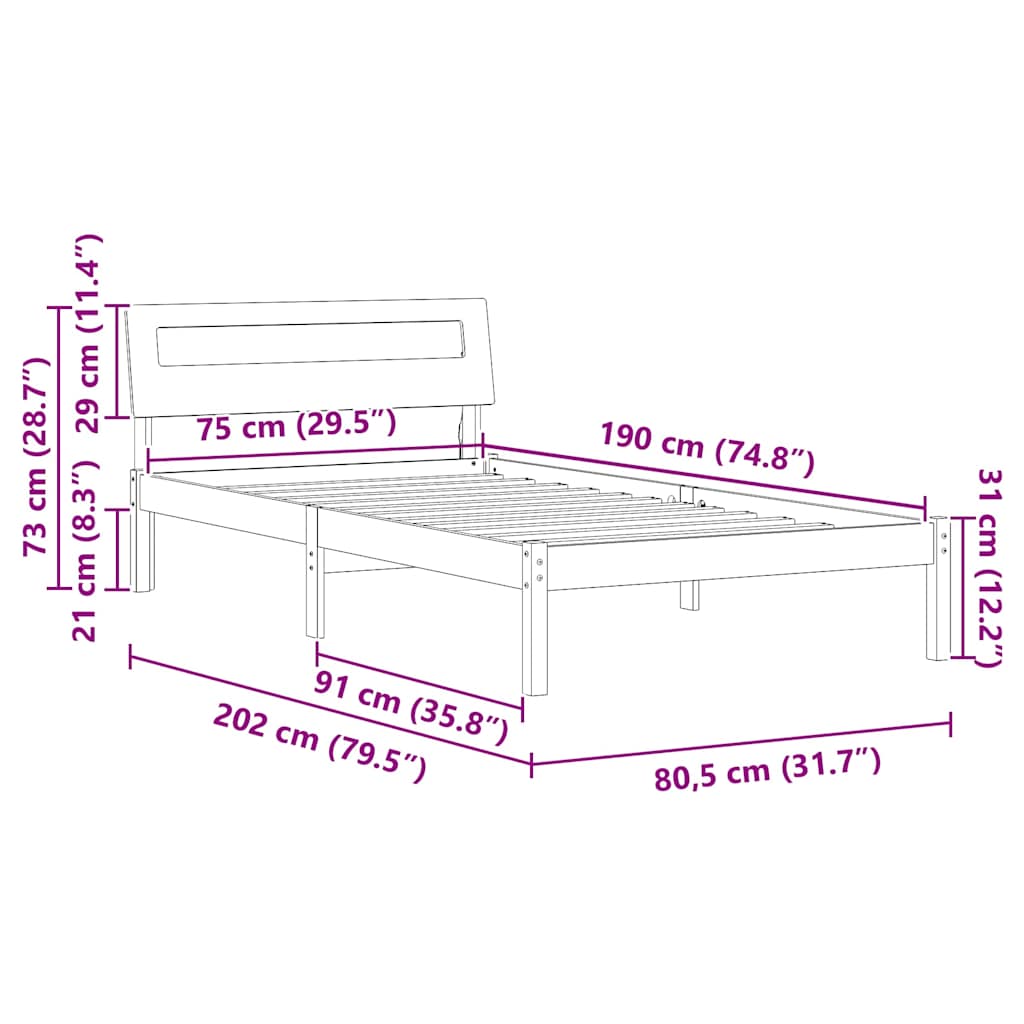 Bed Frame with Headboard White 75 x 190 cm Solid pine wood