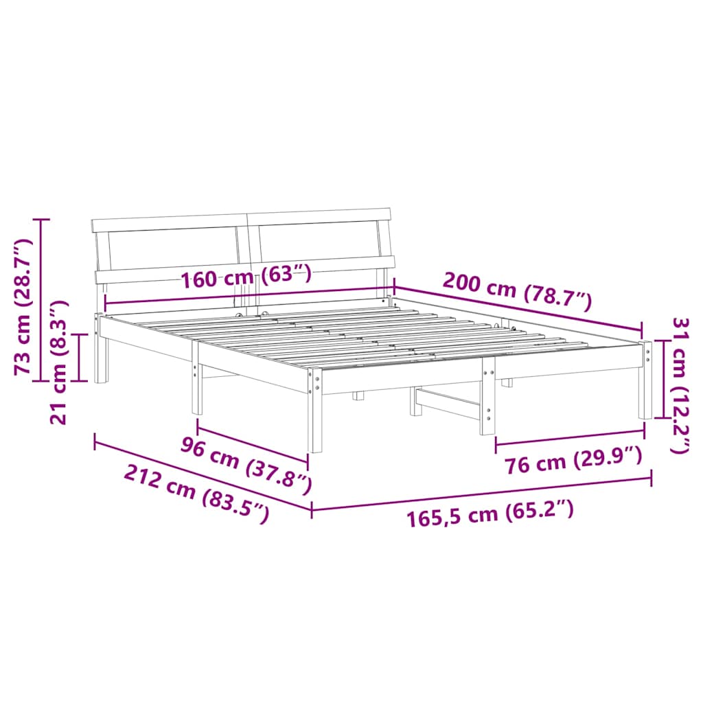 Bed Frame with Headboard Wax brown 160 x 200 cm Solid pine wood