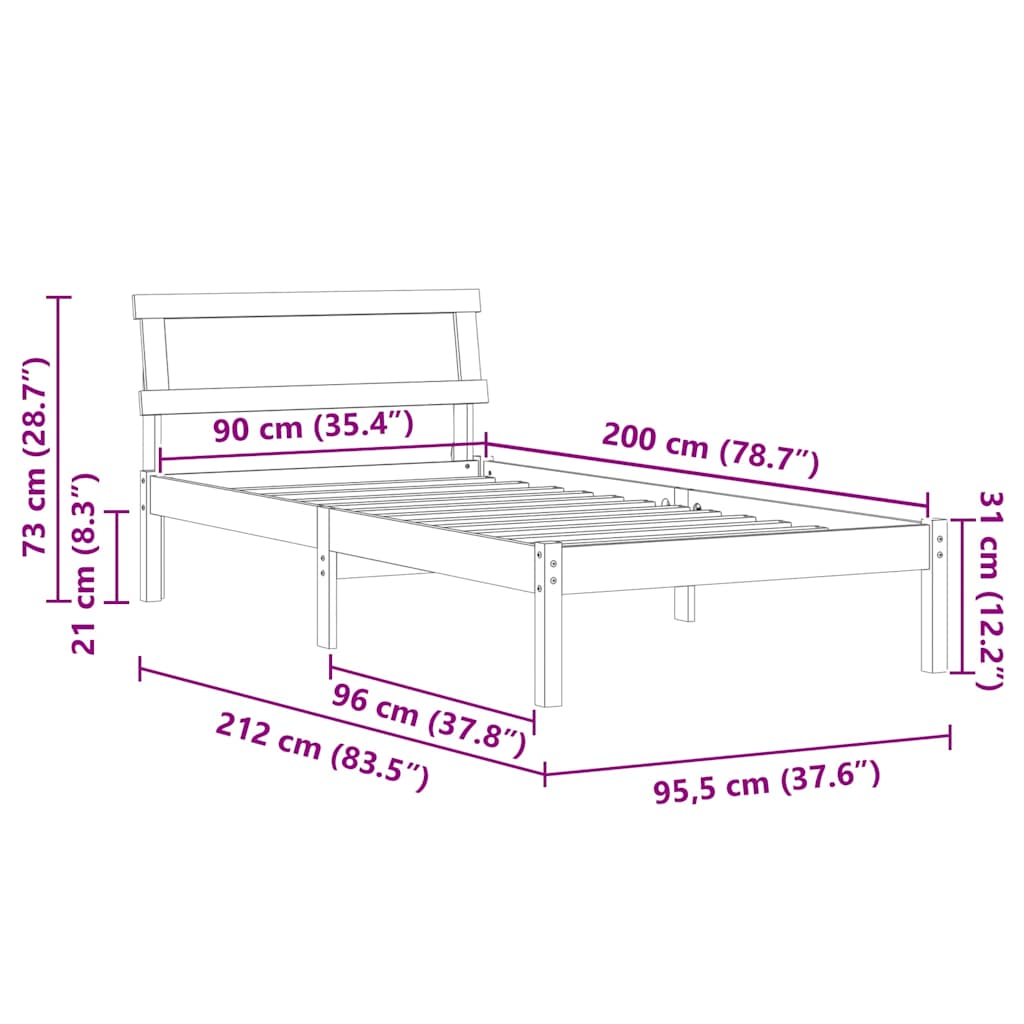 Bed Frame with Headboard White 90 x 200 cm Solid pine wood