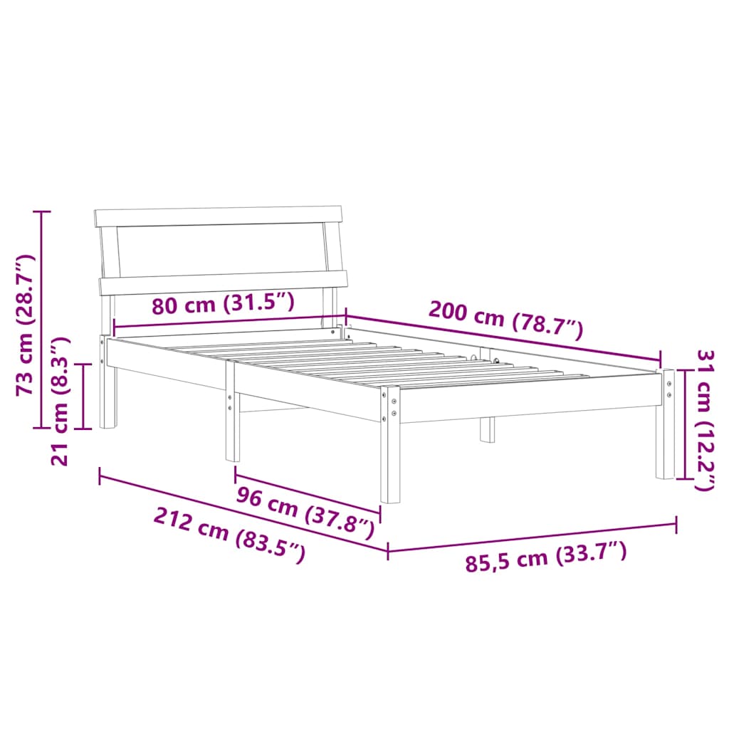 Bed Frame with Headboard White 80 x 200 cm Solid pine wood
