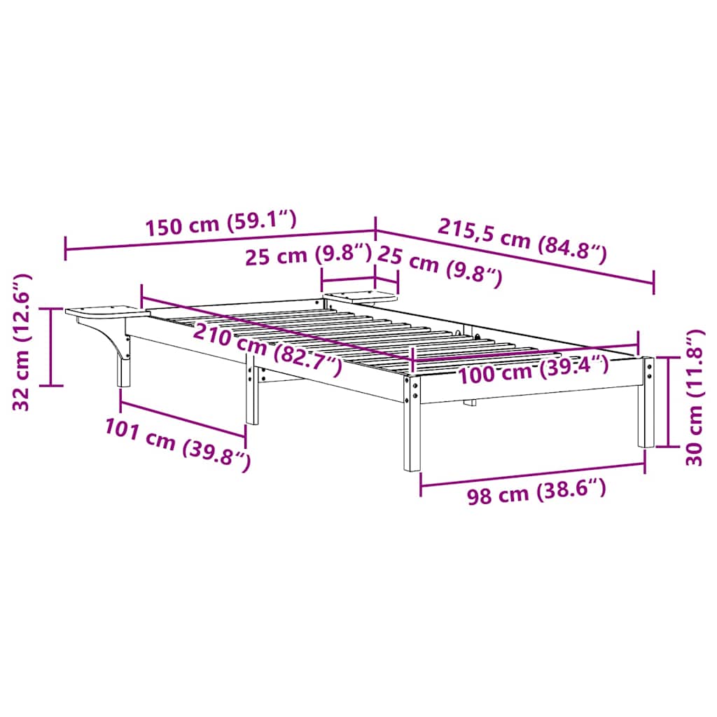 Bed Frame with Side Tables Natural 100 x 210 cm Solid Pine Wood