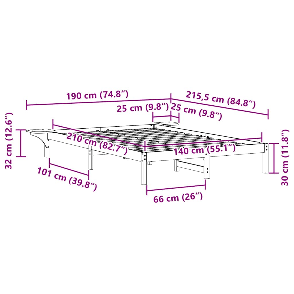 Bed Frame with Side Tables Natural 140 x 210 cm Solid Pine Wood