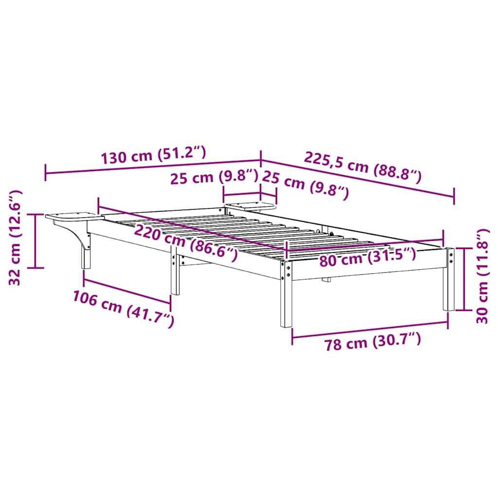 Bed Frame with Side Tables Natural 80 x 220 cm Solid Pine Wood