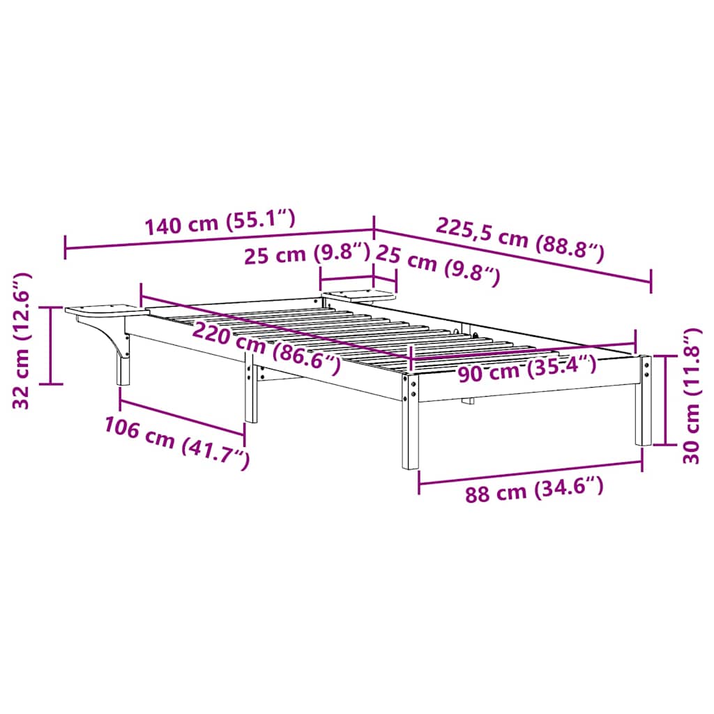 Bed Frame with Side Tables Natural 90 x 220 cm Solid Pine Wood