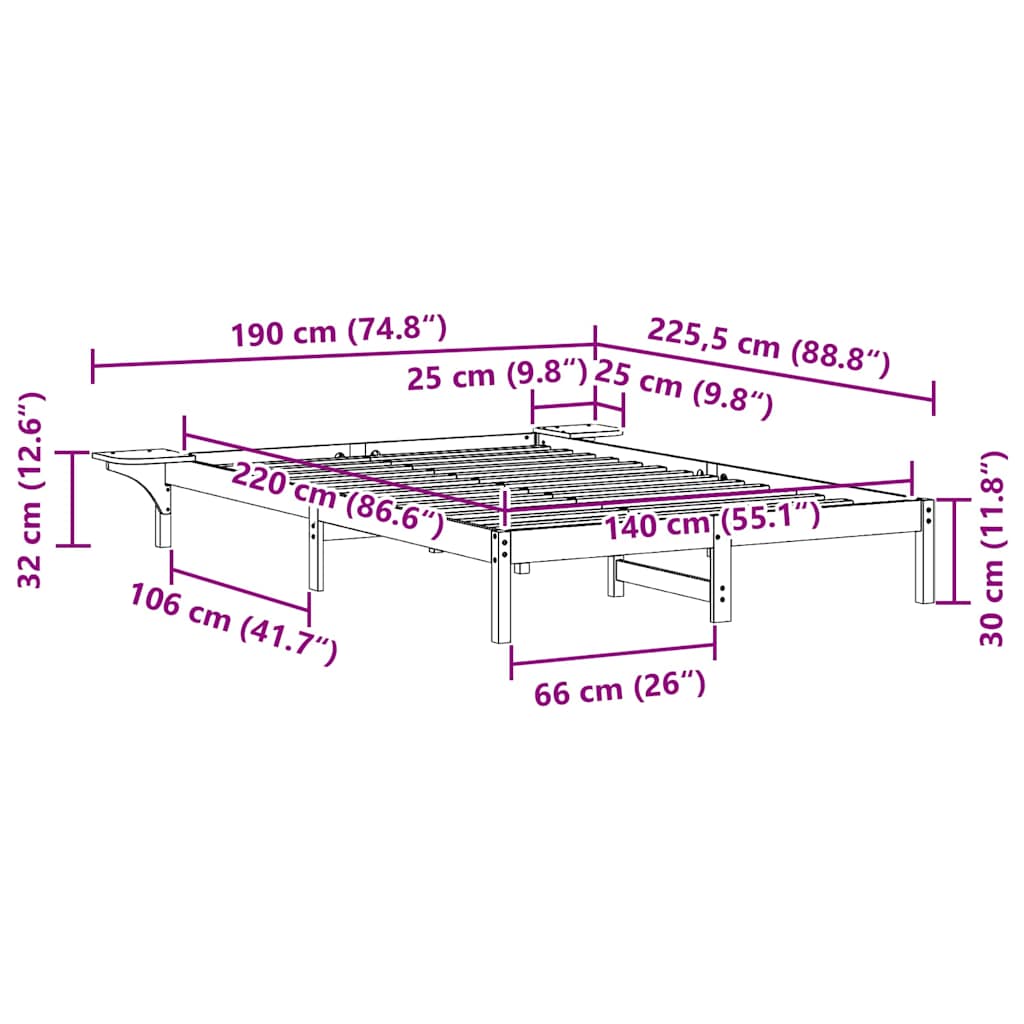 Bed Frame with Side Tables Natural 140 x 220 cm Solid Pine Wood