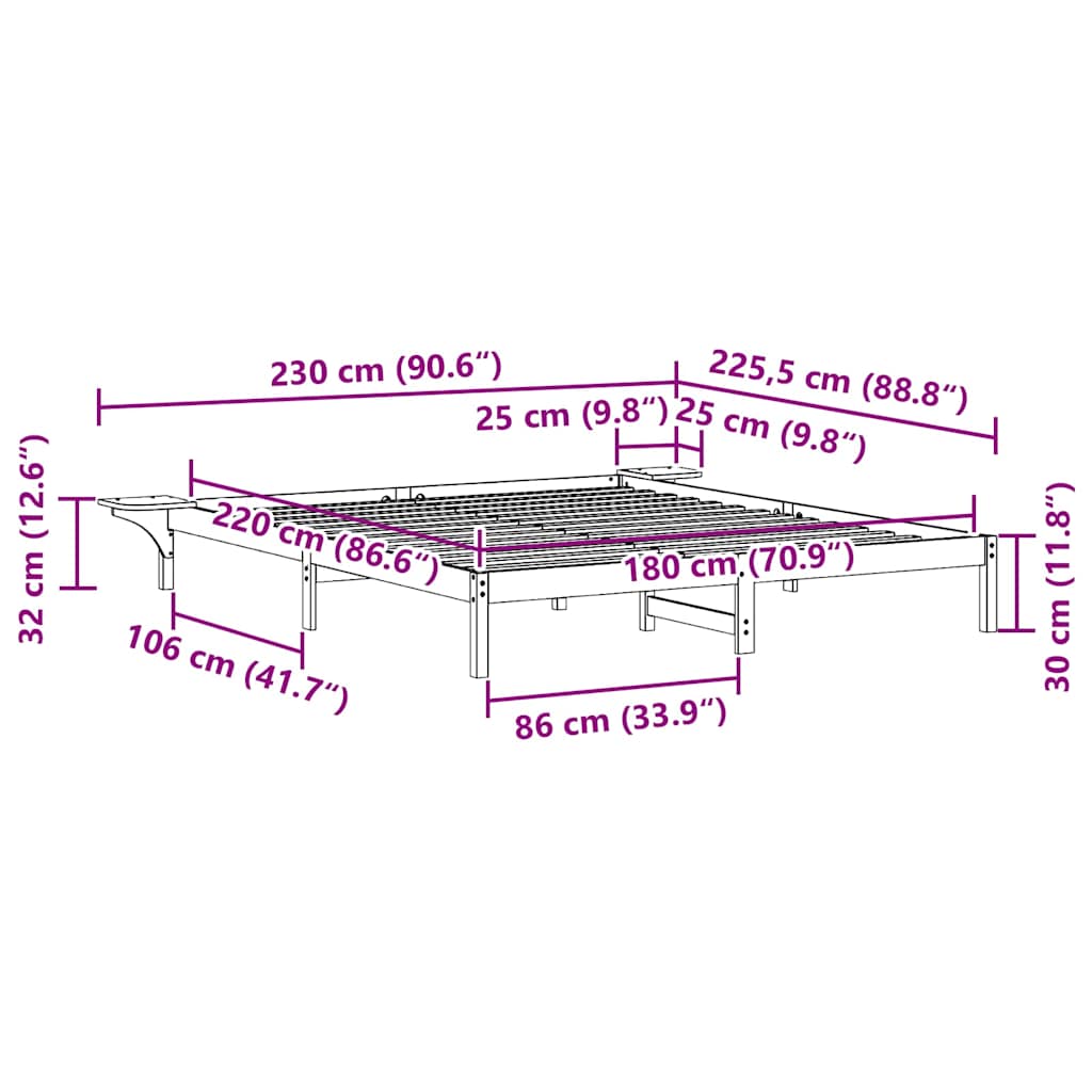 Bed Frame with Side Tables White 180 x 220 cm Solid Pine Wood