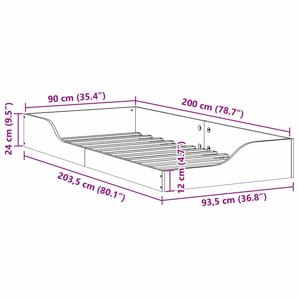 Floor Bed Frame Brown 90 x 200 cm Solid pine wood