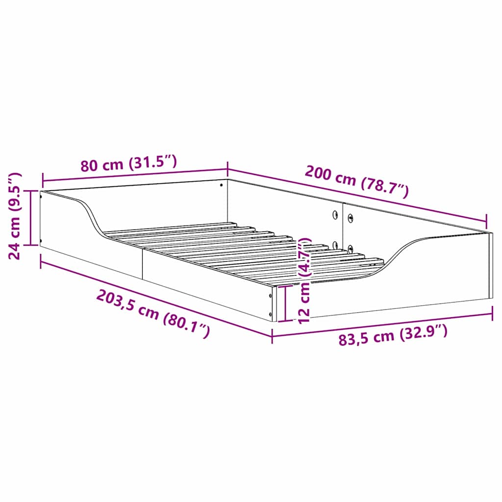 Floor Bed Frame Wax brown 80 x 200 cm Solid pine wood
