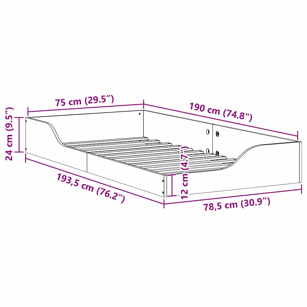 Floor Bed Frame White 75 x 190 cm Solid pine wood