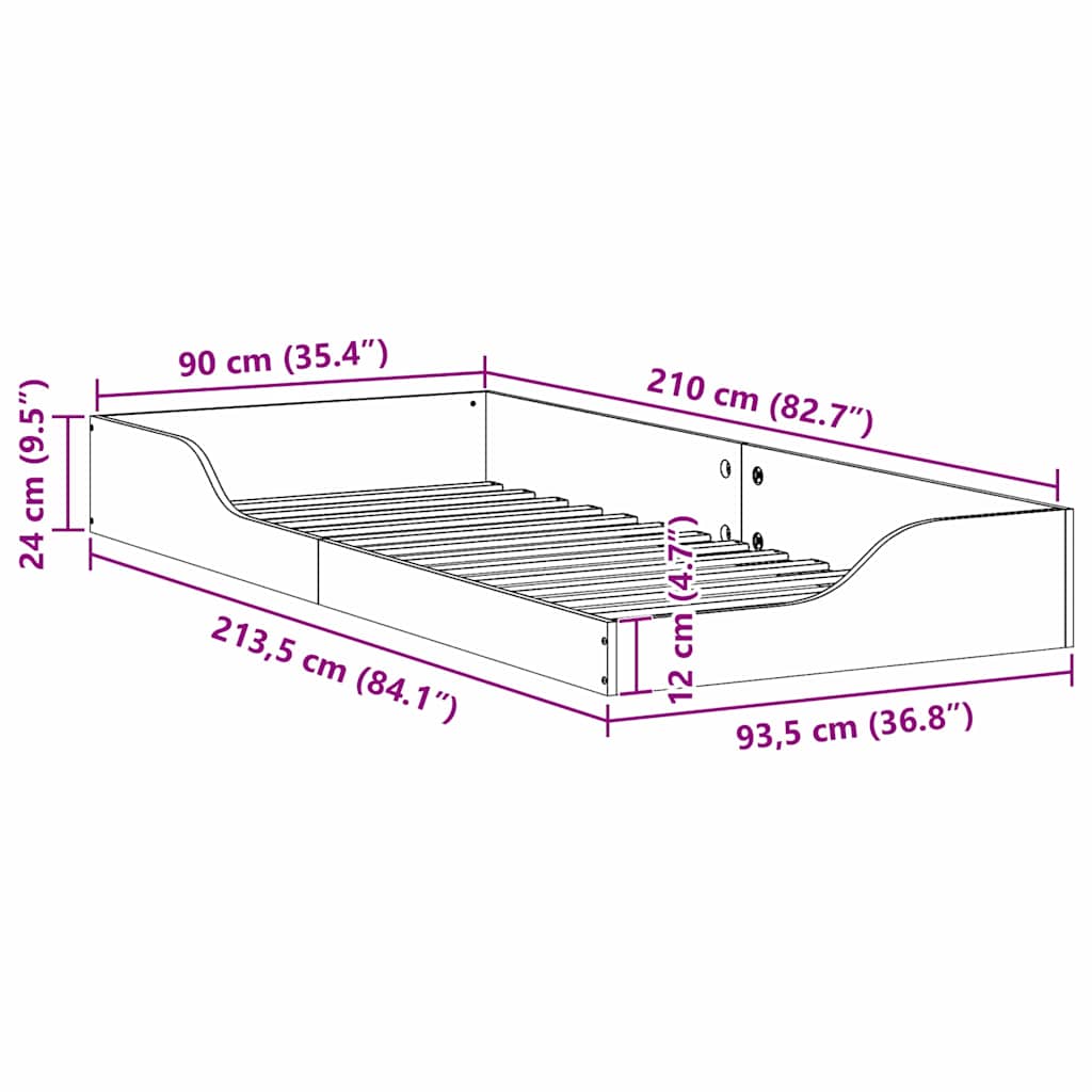 Floor Bed Frame White 90 x 210 cm Solid pine wood