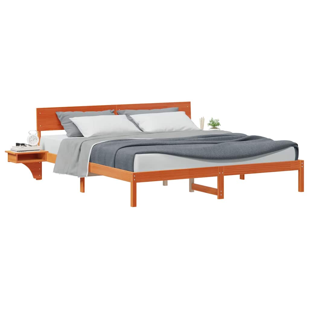 Bed Frame with Bedside Tables Wax brown Solid pine wood